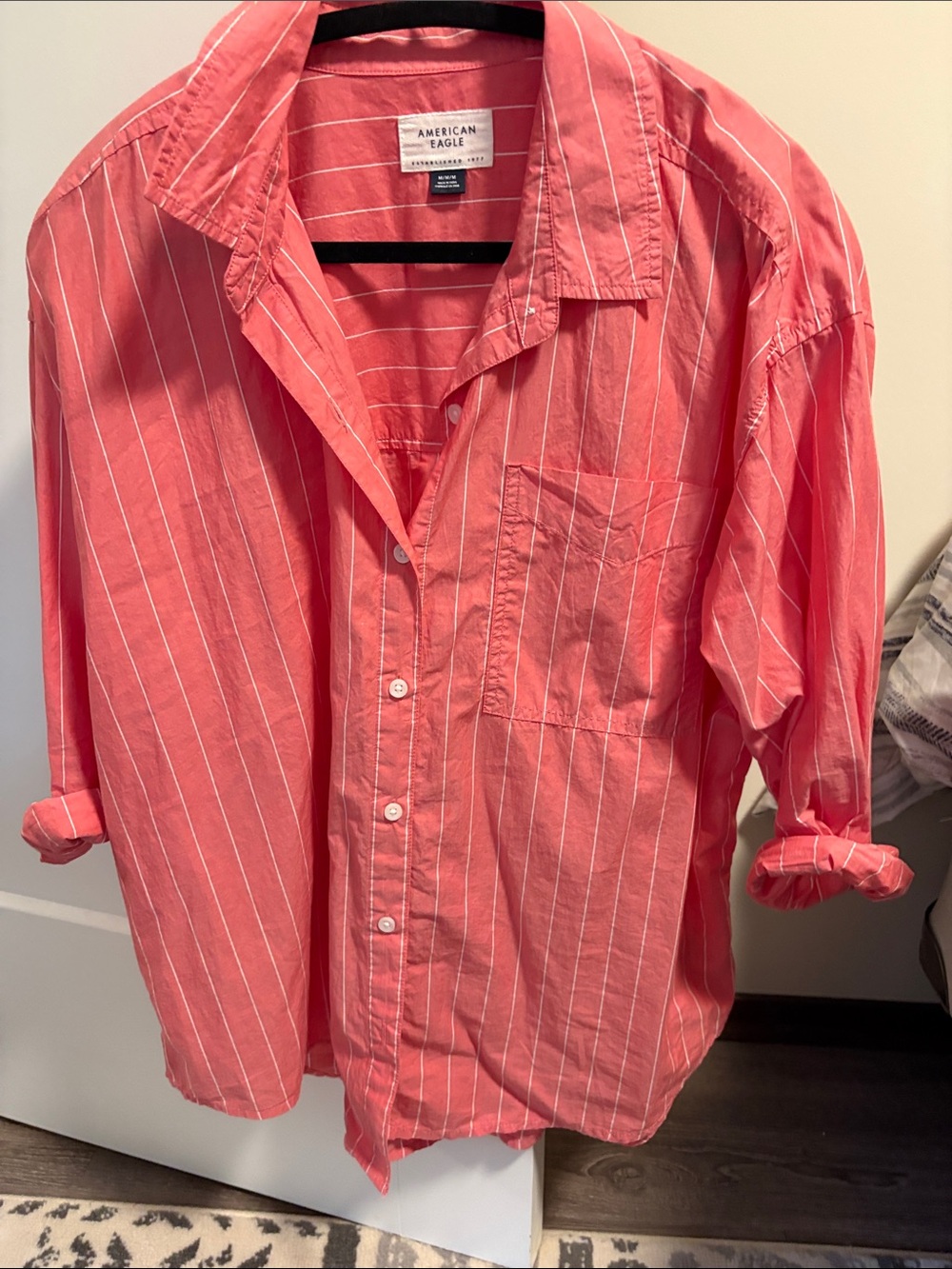 American Eagle Outfitters Women’s Coral Button-Down with White Pinstripes